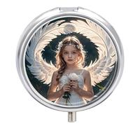 Angel Feathers Medicine Pill Case, 3 Compartment Round Pill Box, Portable Decorative Medicine Organizer for Pocket Or Purse Vitamin Organize