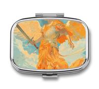 Angel Holding Sword Pill Box 2 Compartment Pill Organizer Travel Pillcase with Mirror Square Metal Pill Container Weekly Medicine Planner Vitamin Organizer for Pocket
