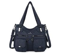 Angel Kiss Women's Designer Handbag Large Double Zipper Multi Pocket Washed Leather Purse, 1-denim Blue, 14" W X 12" H X 5"