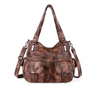 Angel Kiss Women's Designer Handbag Large Double Zipper Multi Pocket Washed Leather Purse, Retro Brown, L