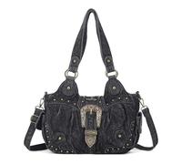Angel Kiss Women's Handbag Hobo Medium Shopper Soft PU with Metal Studs Waterproof Multifunctional Zip Many Compartments Retro for Women Dating Party Everyday Office Work, Denim Black, Mittelgroß