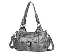 Angel Kiss Women's Handbag, Shoulder Bag, Retro Vegan Leather Bags, Handbag, Vintage, Soft, Medium, Spacious Shoulder Bag for Women with Removable Shoulder Strap, silver grey, M