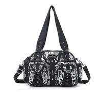 Angel Kiss Women's Medium Hobo Shopper Handbag Made of Soft PU Leather Multifunctional Many Compartments with Zip Metal Studs for Everyday School Travel Work Black, Leopard Print White/Black