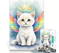 Angel Kitten with Rainbow Wings Jigsaw Puzzle 1000 Piece Mental Fun Game No Gap Tight Fitting Design for Family Gatherings (38x52cm)