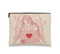 Angel Makeup Bag, Vintage Illustrated Cherub Cosmetic Travel Pouch for Women, Portable Canvas Zipper Case, Romantic Gift Skincare Organizer, Beige, 7x9 Inch, Angel