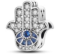 Angel Mother Daughter Hamsa Evil Eye Bird Monkey Unicorn Lucky Charm Bead Pendant 925 Sterling Silver Compatible With Pandora Charm Moments Bracelet (Crystal Pave Fatima Hamsa Hand)