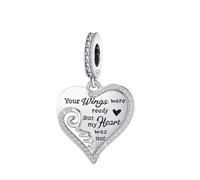 Angel Mum Daughter Sister Birthday Memorial Love Heart Charm Bead Pendant 925 Sterling Silver Dangle Compatible With Pandora Bracelet (Your Wings Were Ready But My Heart Was Not Angel Wing)