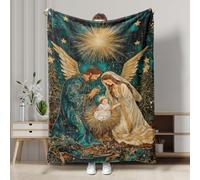 Angel Nativity Scene Blanket, Teal Heavenly Christmas Decor Throw Blanket, Soft Cozy Winter Holiday Blanket for Sofa, Bed, All Season 50x60 Inch