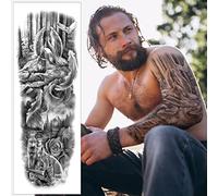 Angel of the Forest Temporary Tattoo Sleeve - Wolf Fox Owl Trees Black Grey Realistic Waterproof Transfer Sticker Arm Body Art Men Women Kids 17cm x 48cm - By Delusion Tattoos
