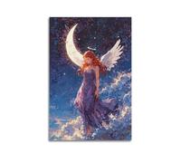 Angel of The Moon Wall Art, Celestial Print, Fantasy Poster, Mesmerizing Canvas Picture Artistic Wall Mural Modern Hanging Decor Poster24x36inch(60x90cm)