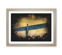 Angel Of The North In Newcastle Vol.2 Paint Splash Modern Art Framed Wall Art Print, Ready to Hang Picture for Living Room Bedroom Home Office Décor, Oak A3 (46 x 34 cm)