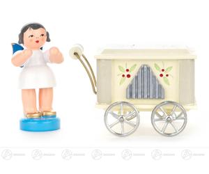 Angel on The Barrel Organ Standing, Blue Wings H = Ca 5,5 CM New