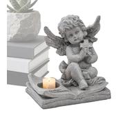 Angel Ornament - White Stone Finish, Peace Offering with Crucifix Design, Votive Tealight Stand for Tables, Mourning Decoration, Aesthetic Parish Statuette for Living Rooms Desks