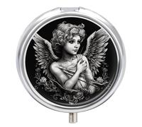 Angel Portrait Style Metal Pill Organizer, 3 Compartment Waterproof Pill Case with Mirror for Purse Pocket Bag, Daily Medicine Vitamin Holder, Portable Travel Med Container(Round)
