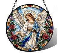 Angel Rose Stained Glass Window Hanging Sun Catcher Stained Glass Kit Style Round Religious Panel for Home Decor, Blue Winged Angel Window Art 7.87 Inch