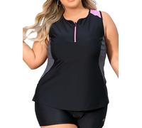 Angel season Plus Size Tankini Swimsuits for Women Zippered Two Piece Sporty Bathing Suits Set with Shorts, Black Pink, 16 Plus