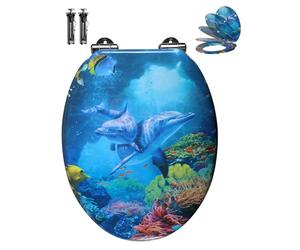 Angel Shield Soft Close Toilet Seat with Adjustable Metal Hinges, Easy Install and Clean, O-Shaped, 45x37cm Wooden Toilet Seats Fits Never Slips for Bathroom (Ocean Dolphin Family)