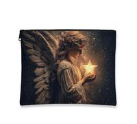 Angel Star Makeup Bag, Celestial Guardian Pouch for Women, Portable Canvas Zipper Organizer, Night Sky Travel Toiletry Bag, Holiday Gift Skincare Essentials, gold, 7x9 Inch, Angel