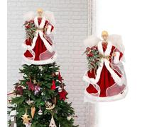 Angel Tree Topper,Christmas Tree Top Topper,33.5cm Well-Dressed Standing Angel Figurine with White Feather Wings, Home Holiday Decorations for Your Christmas Tree (Red)