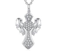 Angel Wing Cross Necklace Angel Wing Necklace Pendant for Women Men Cross Necklace Sterling Silver Wing Cross Necklace for Women Cubic Zirconia Heart Love Necklace Religious Cross Jewelry Christian