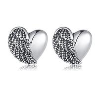 Angel Wing Heart Stud Earrings in Antique Sterling Silver 925 w/Butterfly Backs 11x10.3mm