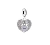 Angel Wing Memorial Mum Dad Mom Sister Dog Cat Heart Grandma Charm Bead Pendant 925 Sterling Silver Compatible With Pandora Charm Moments Bracelet (Dad Angel Wing Love Heart)