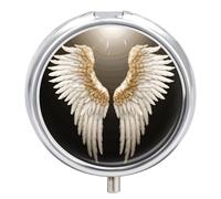 Angel Wing Pill Box - 3 Compartment Travel Pill Organizer with Small Mirror, Portable Pillcase for Pocket & Purse, Cute Round Medicine Case, Weekly Medicine Container