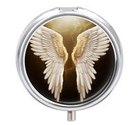 Angel Wing Travel Pill Box Case 3 Compartment Cute Pill Organizer Metal Pill Holder with Mirror Small Medicine Organizer Daily Pill Container for Purse Pocket Portable Meds Box