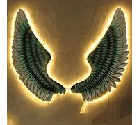 Angel Wings Art Wall Decor w/LED Light Belt, Retro Wrought Iron Angel Wings Wall Sculpture for Home Office Bedroom Living Room Garden (Color : Green)