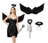 Angel Wings,Black Feather Angel Wings,Angel Wings Costume Adult Women Accessories with Halo Headband and Wand for Women, Kids, Girls - Christmas & Halloween Fancy Dress Costume (Black)