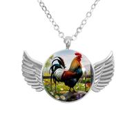 Angel Wings Necklace with Farm Rooster Flower, Zinc Alloy Pendant Jewelry Gifts for Men Women