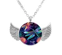 Angel Wings Necklace with Neon Dragonfly Flowers, Zinc Alloy Pendant Jewelry Gifts for Men Women