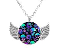 Angel Wings Necklace with Neon Skulls Flowers, Zinc Alloy Pendant Jewelry Gifts for Men Women
