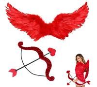 Angel Wings, Red Feathered Wings with Bow and Arrow Set, Valentine's Day Cupid Costume for Party Photo Shoot and Romantic Decoration