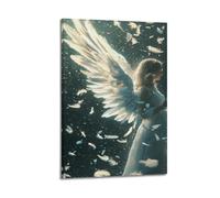 Angel With White Wings And Floating Feathers Wall Art, Ethereal Decor For Home And Prayer Room Artistic Wall Mural Modern Hanging Decor Poster16x24inch(40x60cm)