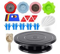 Angela&Alex 11” Rotate Turnable Sculpting Wheel with Acrylic Pouring Strainers Scraper Cone Painter Support Stands Gloves Painting Tools Unique Pattern Train Art Supplies