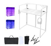 ANGELBECKE Portable DJ Booth Facade,DJ Table,Heavy-Duty DJ Table Stand Portable Booth,Iron Plate Surface DJ Facade Booth,with Carry Bag & Hook & Cup Holder (41.3"L x 20.4"W x 43.3"H)