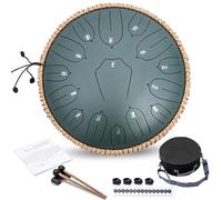 ANGELBECKE Steel Tongue Drum 13 Inch 15 Notes for Outside with Bag Sticks Music Book Handpan Drum Musical Education Entertainment Meditation Yoga Zen Gifts (Green)