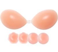 ANGELEMM Invisible Sticky Bra Push Up - Stick On Bras for Women, Reusable Women's Adhesive Bras, Strapless Backless Silicone Bra with 4 Nipple Covers for Party Dress (D Cup) Beige
