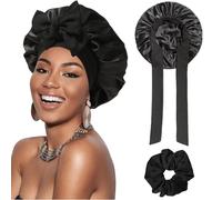ANGELEMM Silk Hair Bonnet for Sleeping - Black Satin Bonnet for Curly Hair, Soft Breathable Satin Sleep with Tie, Silk Wrap Caps for Women Sleeping