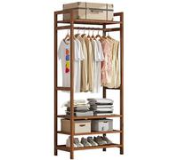 Bamboo Clothes Rail, Stand Freestanding Coat Garment Rack with Hanging Rod, 2 Shelves and Hooks, Open Wardrobe Clothing Hanger Storage Organiser for Bedroom Hallway, Natural Wood