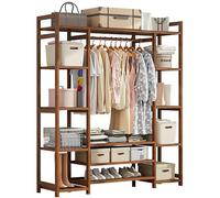 Bamboo Clothes Rail, Stand Freestanding Coat Garment Rack with Hanging Rod, 2 Shelves and Hooks, Open Wardrobe Clothing Hanger Storage Organiser for Bedroom Hallway, Natural Wood