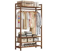 Bamboo Clothes Rail, Stand Freestanding Coat Garment Rack with Hanging Rod, 2 Shelves and Hooks, Open Wardrobe Clothing Hanger Storage Organiser for Bedroom Hallway, Natural Wood