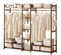 angelfanmily Bamboo Clothes Rails, Clothes Rails Clothing Rail for Bedroom Storage, Garment Rack with 5 Shelves, Free Standing Garment Hanging Rails for Dress, Shoes, Hats, Max Load 100kg