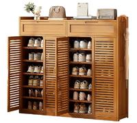 angelfanmily Bamboo Shoe Cabinet Large: 8-Tier Shoe Storage Unit with 4 Rattan Doors, Space Saving Shoe Storage Cupboard, Freestanding Shoes Rack Organizer for Hallway Bedroom Entryway