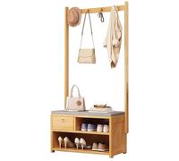 angelfanmily Hallway Coat Rack Bamboo, Coat Stand with Shoe Storage Bench, 4-in-1 Design, Hall Tree with Bench with Removable Hooks, a Clothes Rail, for Hallway, Entrance