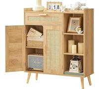 angelfanmily Natural Rattan Shoe Cabinet with 2 Doors, 1 Drawer and Multiple Shelves, Freestanding Shoe Cupboard, Boho-Style Entryway Organizer with Wooden Handle and Solid Wood Legs