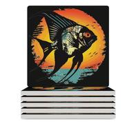 Angelfish Vintage Retro Distressed Sunset Aquarium Angelfish Ceramic Coasters Square Drinks Coaster Decorative Coasters Set Kitchen Desktop Decor 6PCS