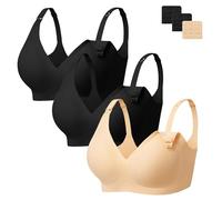 Angelhood 3 Pack Nursing Bras for Breastfeeding Seamless Pregnancy Maternity Bra Wireless Sleep Bralette with Extenders, Black/Black/Beige, L
