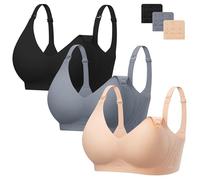 Angelhood 3 Pack Nursing Bras for Breastfeeding Seamless Pregnancy Maternity Bra Wireless Sleep Bralette with Extenders, Black/Beige/Blue, S